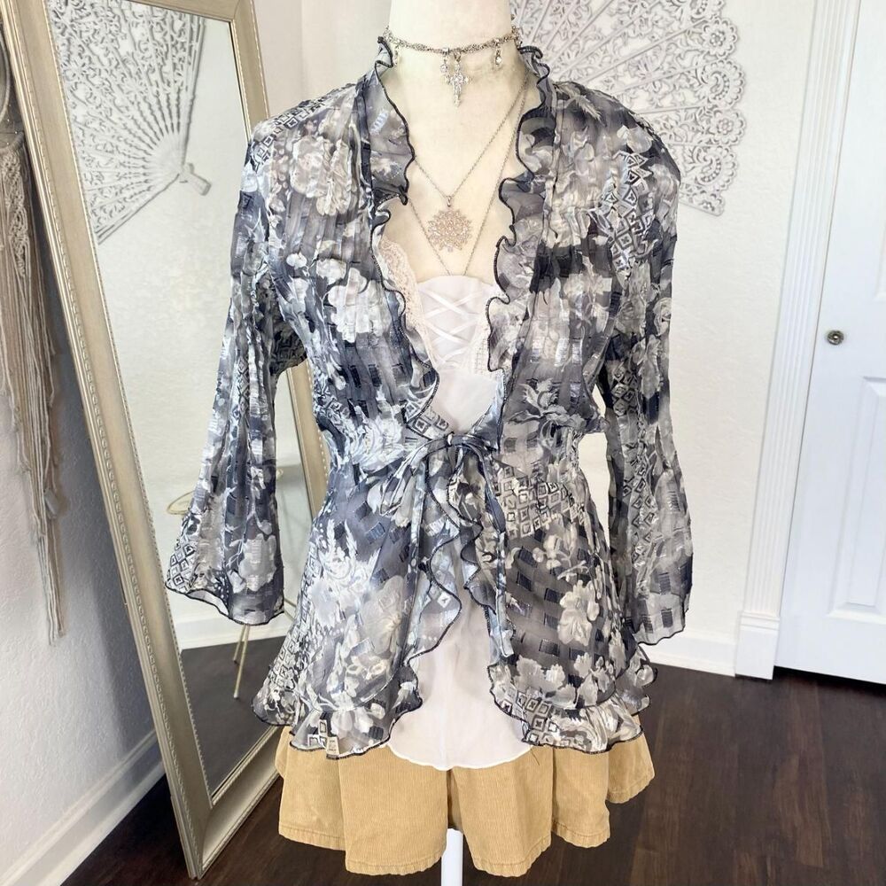 Studio 1940 Silver Grey Sheer Mesh Early 2000's Ruffle Front Tie Cardigan 14 16